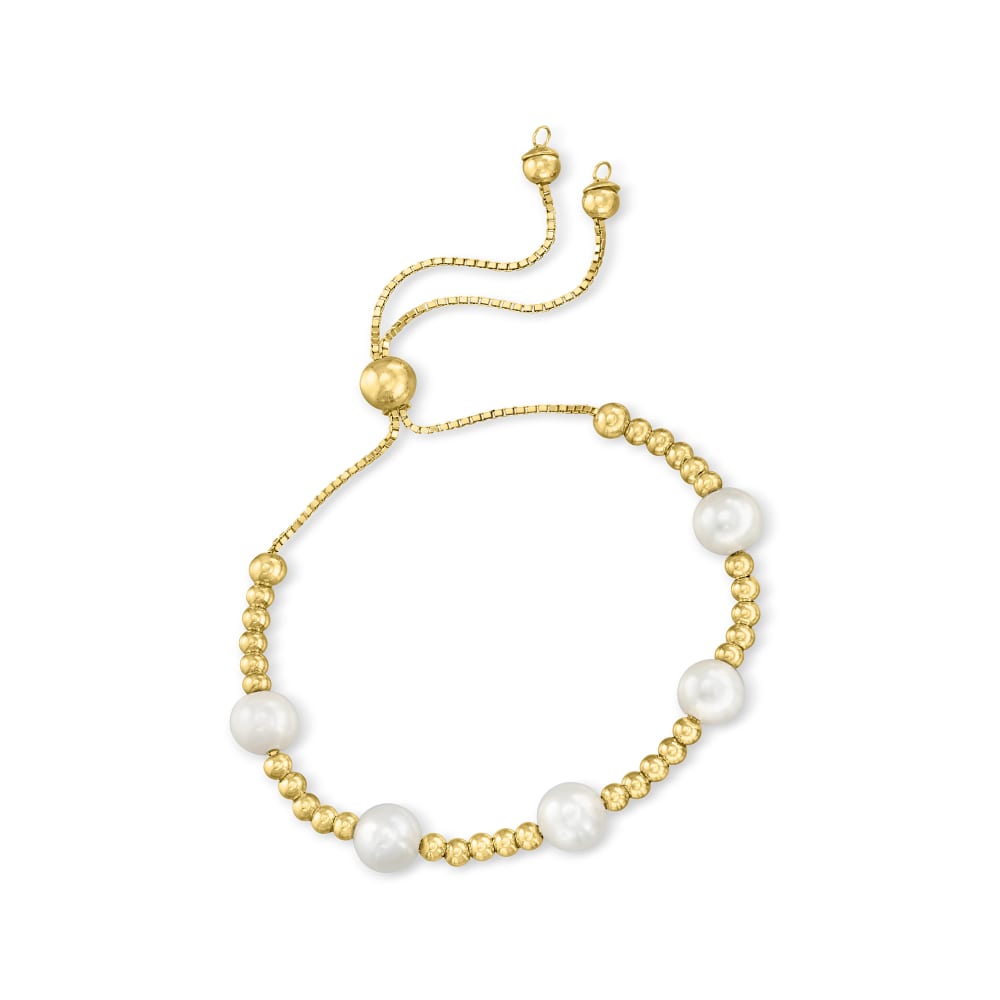 7-7.5mm Cultured Pearl and 18kt Gold Over Sterling Bead Station Bolo Bracelet | Ross-Simons