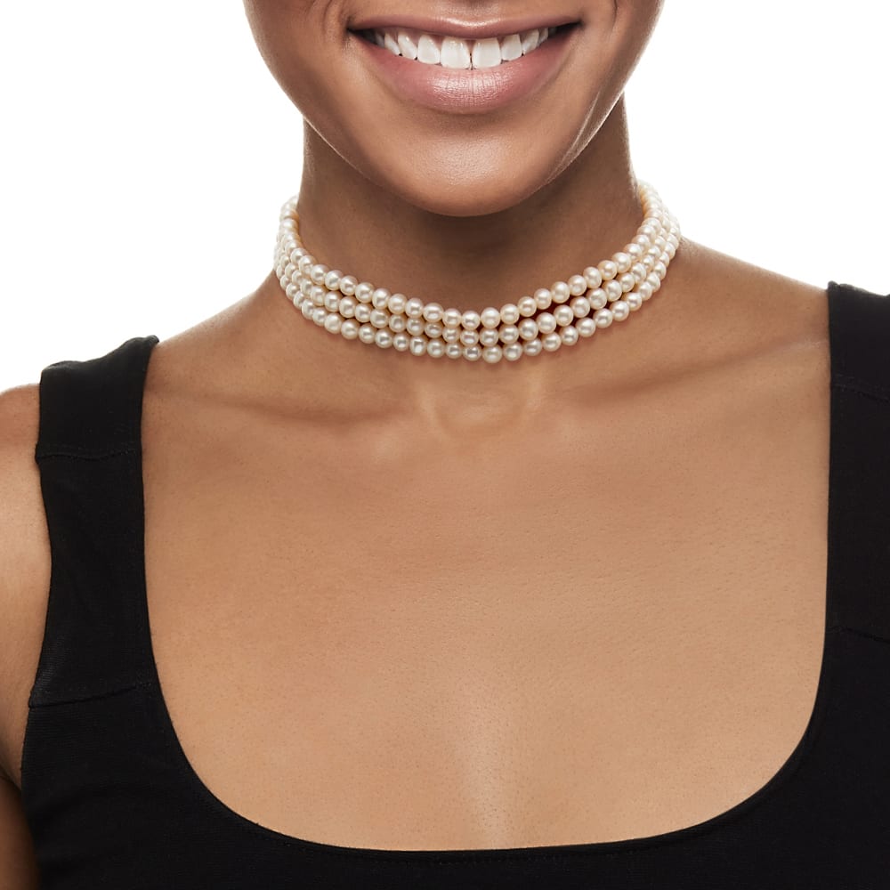 5-6mm Cultured Pearl Three-Row Choker Necklace in Sterling Silver. 14\