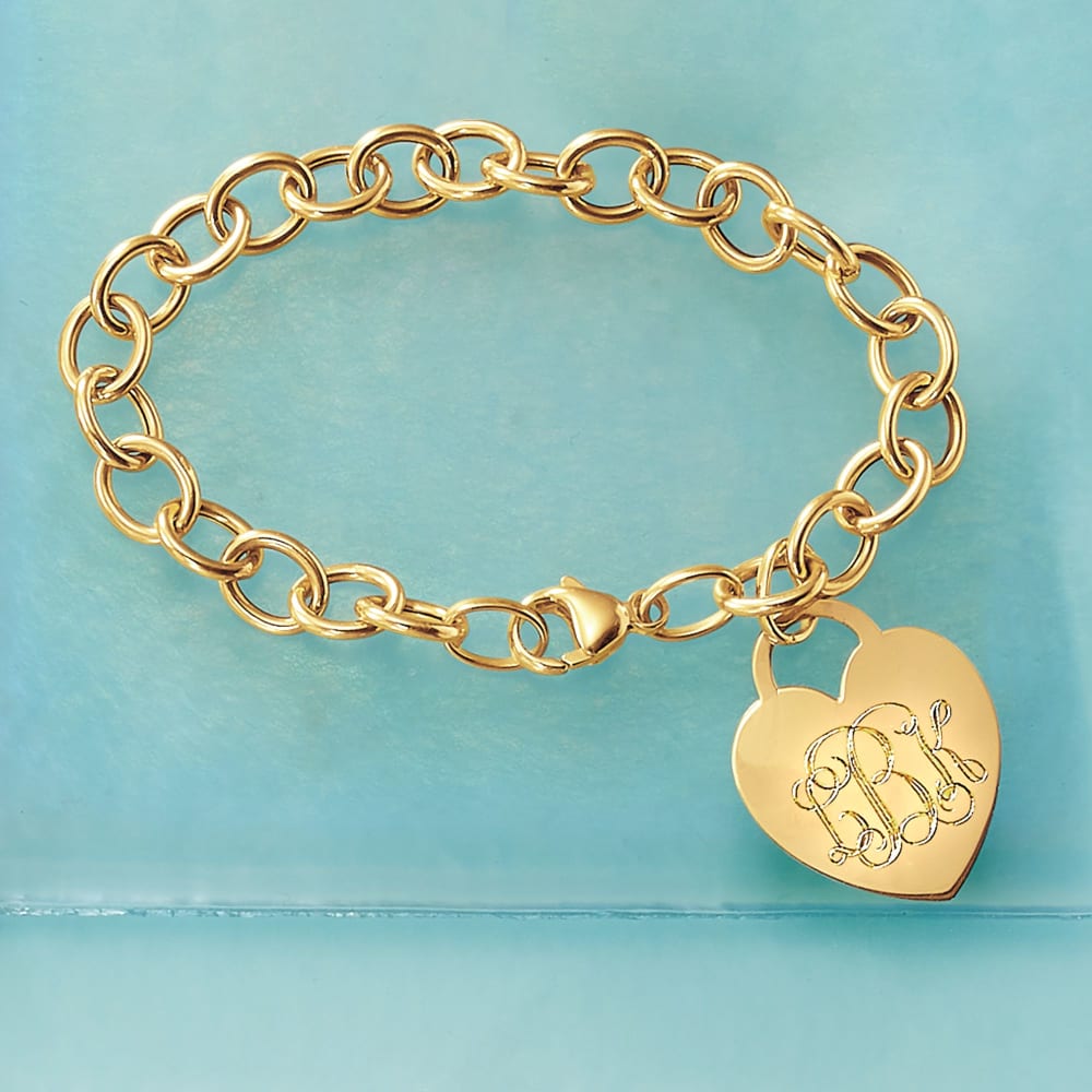 Monogram Charm Bracelet With Toggle Clasp And Heart Charm - Large Chain  with Tiffany Style Heart- Silver, Yellow Gold or Rose Gold