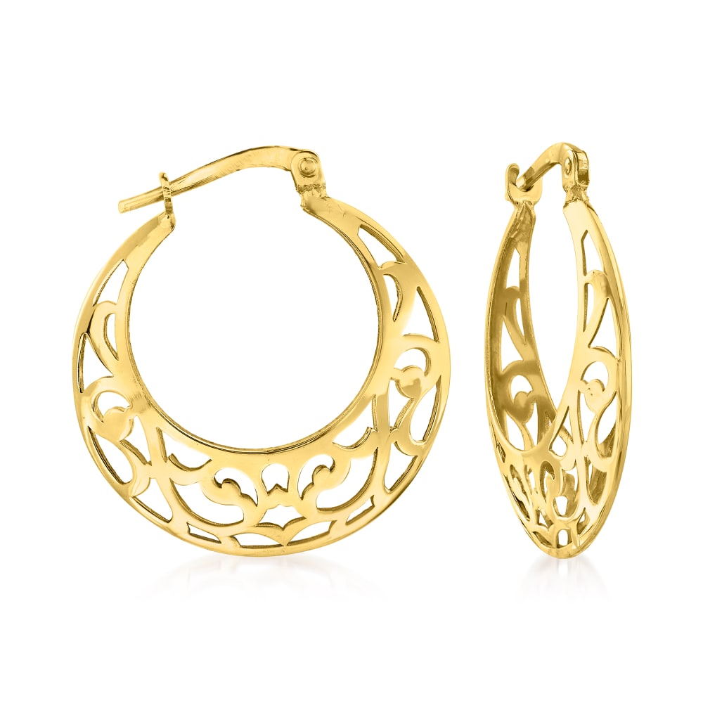 14K Gold Hoop Filigree Earrings Gypsy Casual Women Large 