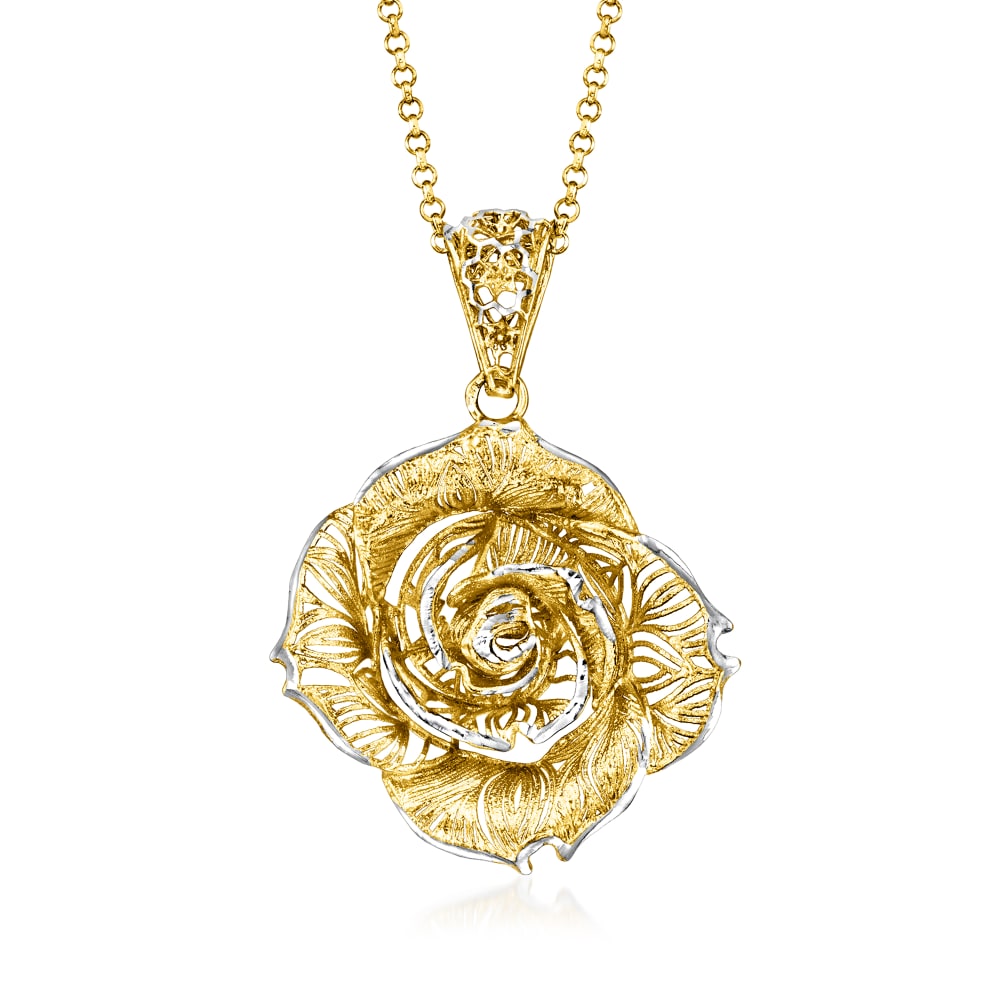 Ross-Simons - 14kt Two-Tone Gold Rose Pendant Necklace. 18