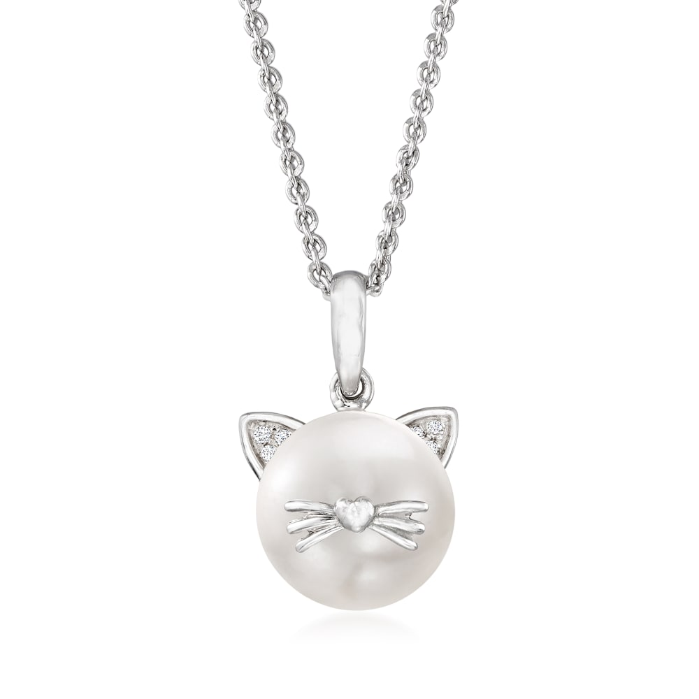 9-9.5mm Cultured Pearl Cat Pendant Necklace with Diamond Accents in ...