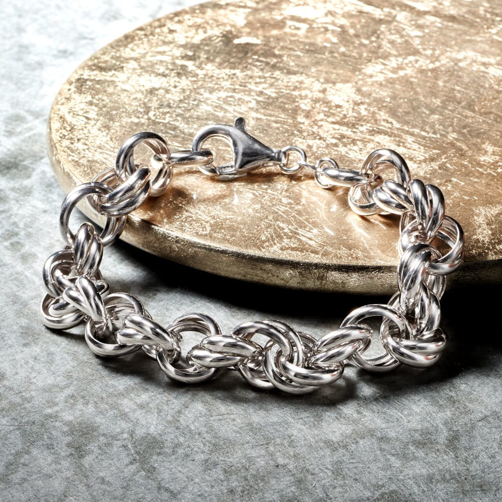 Framed Curly Silver Monogram Bracelet with Double Chain