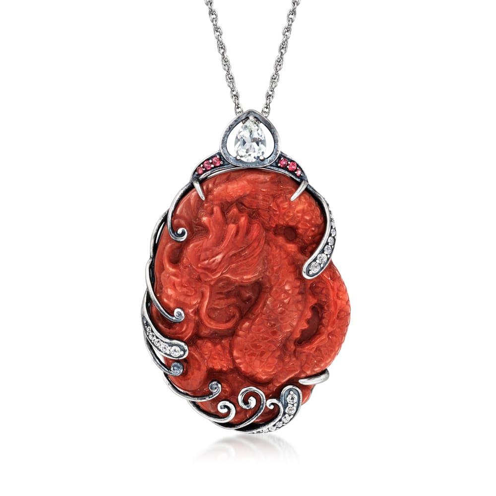 Red Jade Dragon Pendant Necklace with .80 ct. t.w. White Topaz