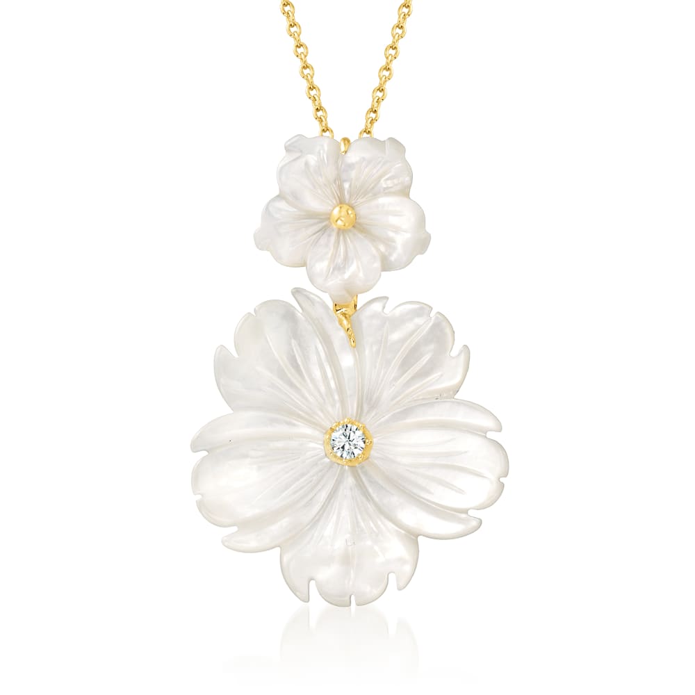 Mother-of-Pearl and .10 Carat White Topaz Flower Pendant Necklace in 18kt  Gold Over Sterling. 16