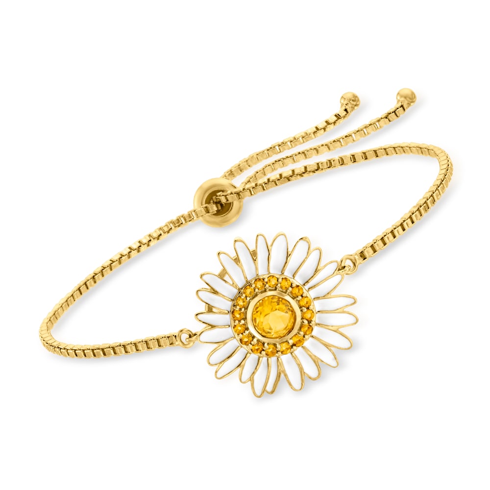 1.10 ct. t.w. Citrine and White Enamel Daisy Bolo Bracelet in 18kt Gold Over Sterling