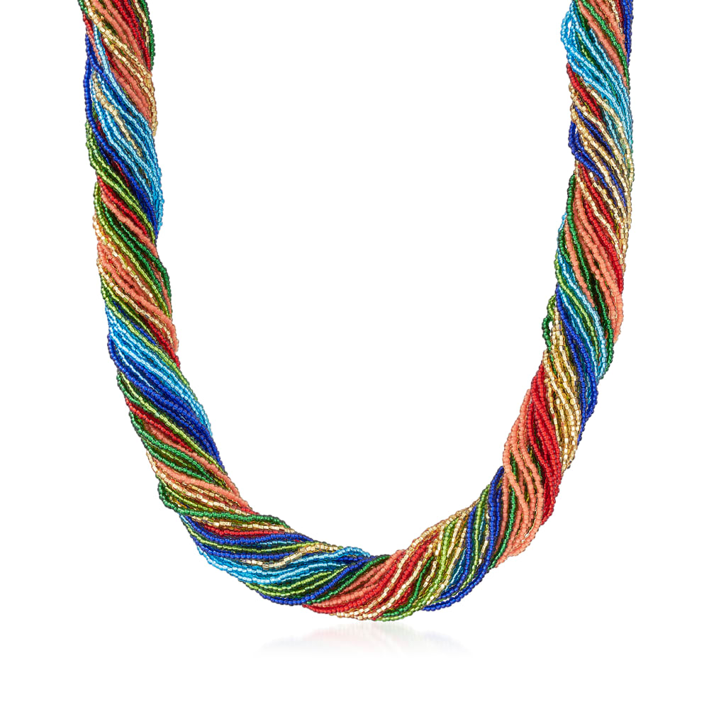 Italian Multicolored Murano Glass Bead Torsade Necklace with 18kt Gold Over Sterling