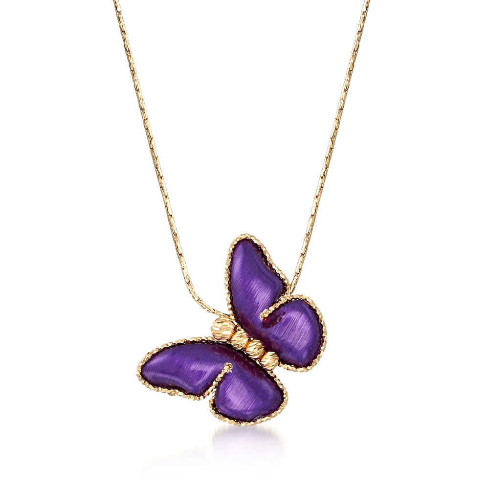 Italian Purple Ceramic Butterfly Necklace in 14kt Yellow Gold Ross