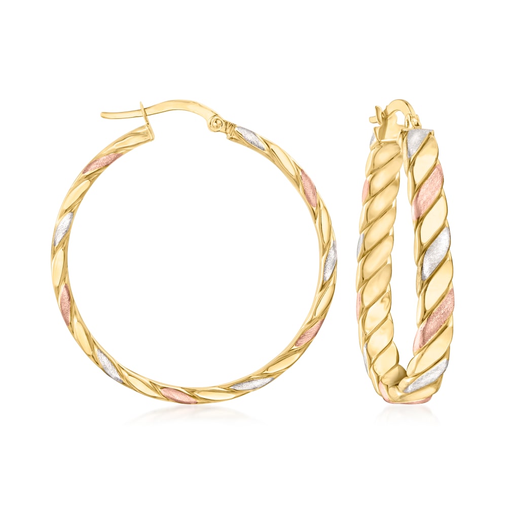 14kt Tri-Colored Gold Hoop Earrings. 1 3/8