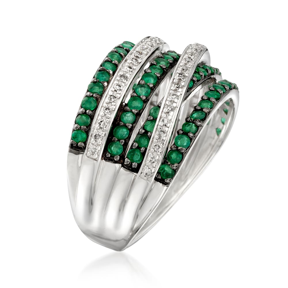 .80 ct. t.w. Emerald and .15 ct. t.w. Diamond Highway Ring in Sterling