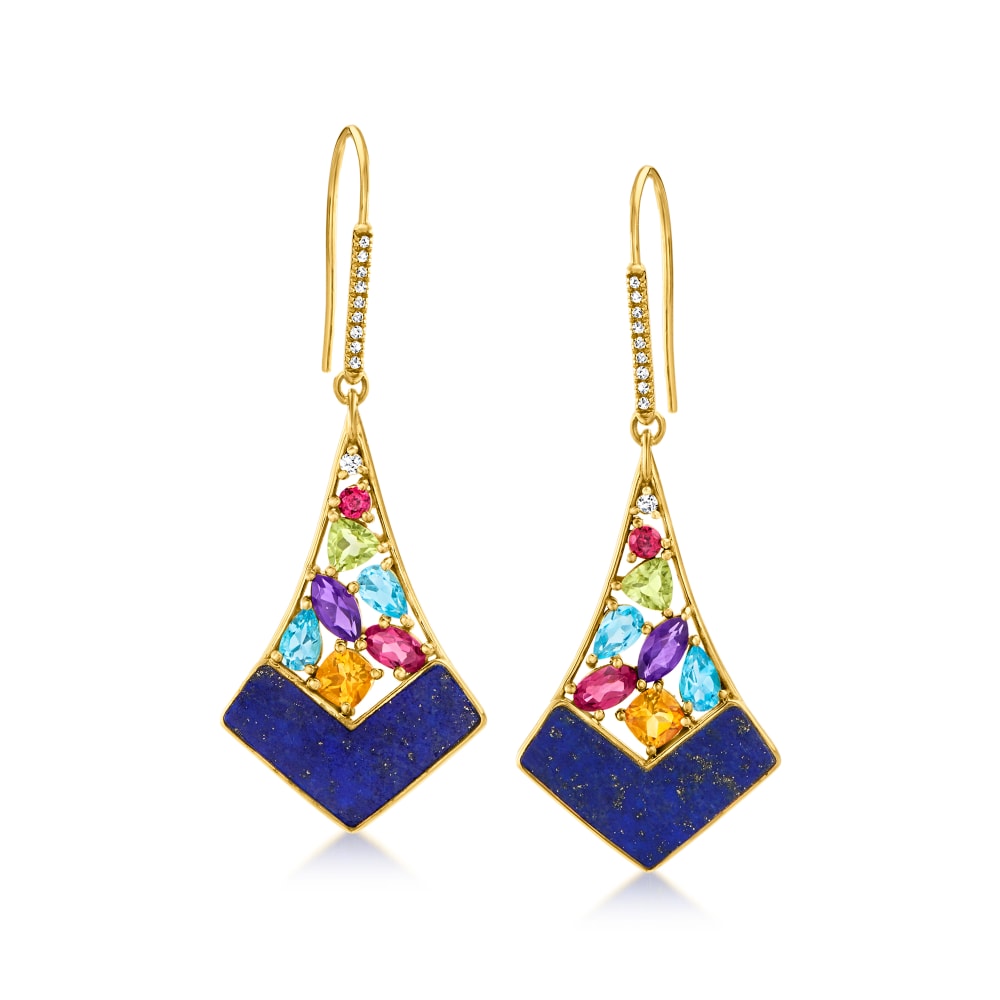 Lapis and 3.50 ct. t.w. Multi Gemstone Drop Earrings in 18kt Gold