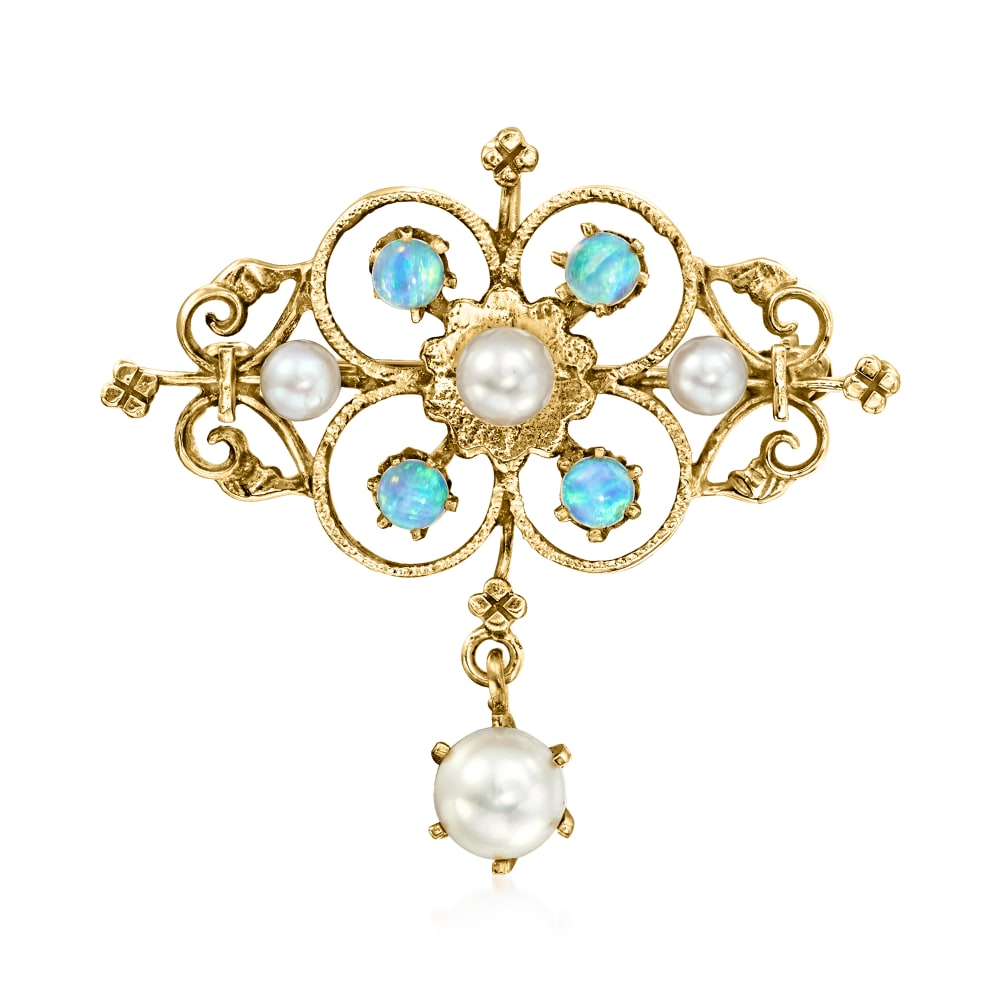 C. 1970 Vintage Opal and 3.5 6mm Cultured Pearl Scroll Pin