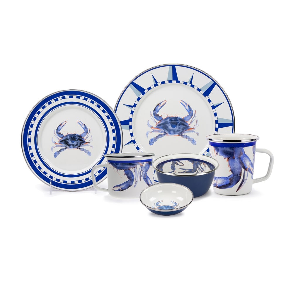 Set of 4 Blue Crab Enamel Ware Dinner Plates, Dinnerware