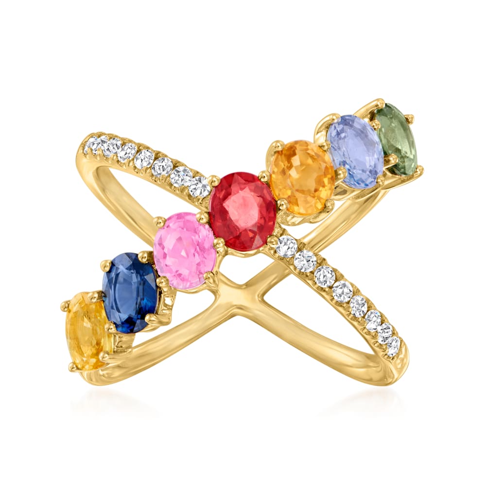 3.00 ct. t.w. Multicolored Sapphire Crisscross Ring with .19 ct. t.w.  Diamonds in 14kt Yellow Gold