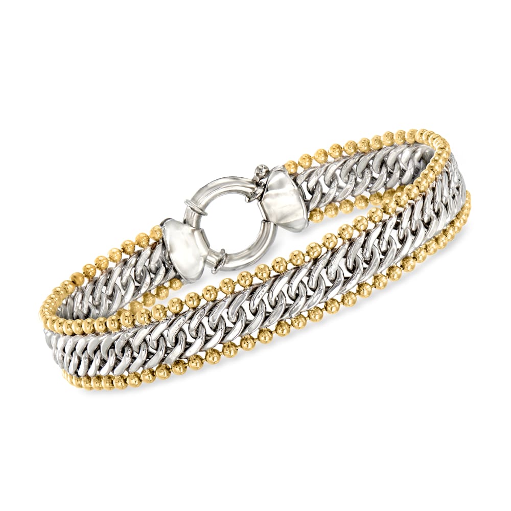 Two-Tone Sterling Silver Cuban and Bead-Link Bracelet