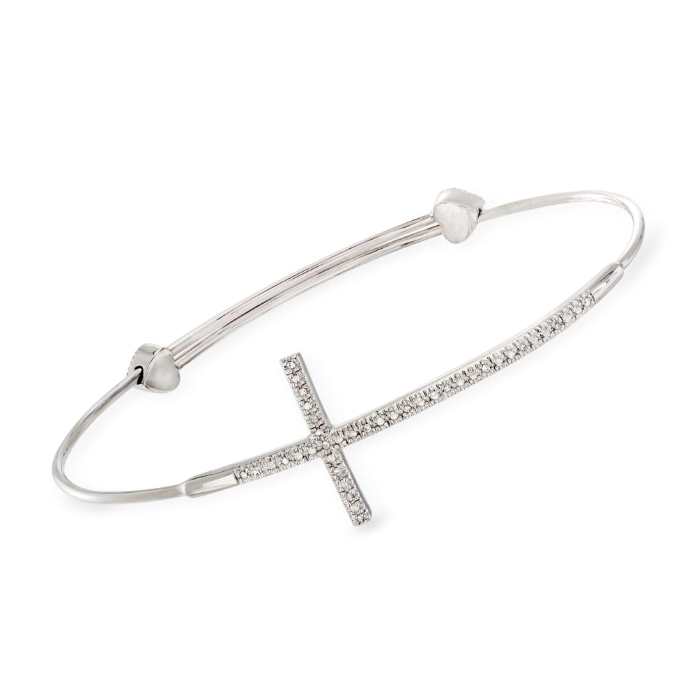 Sterling Silver Sideways Cross Bangle Bracelet with Diamond Accents ...