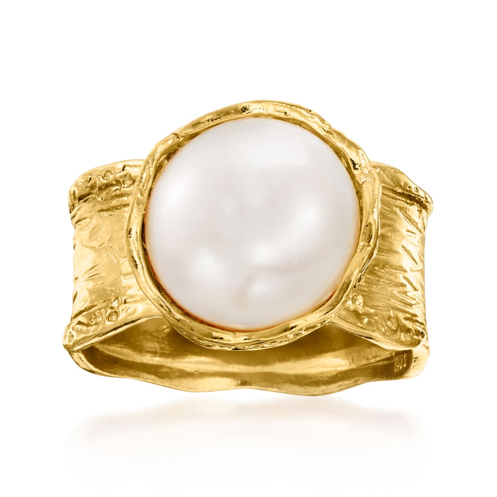 11.5-12mm Cultured Button Pearl Ring in 18kt Yellow Gold Over