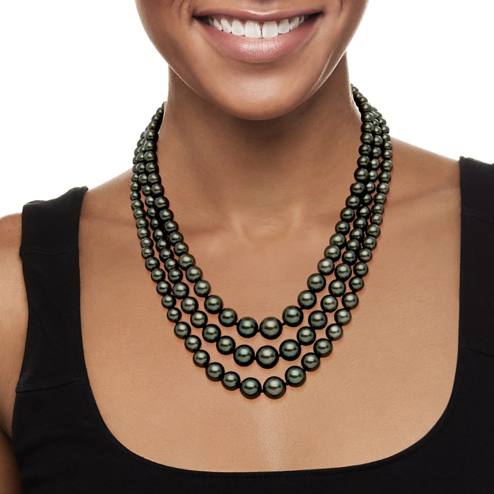 Classy 18 Inch Double Layer Black Pearl Necklace Set - Pure Pearls