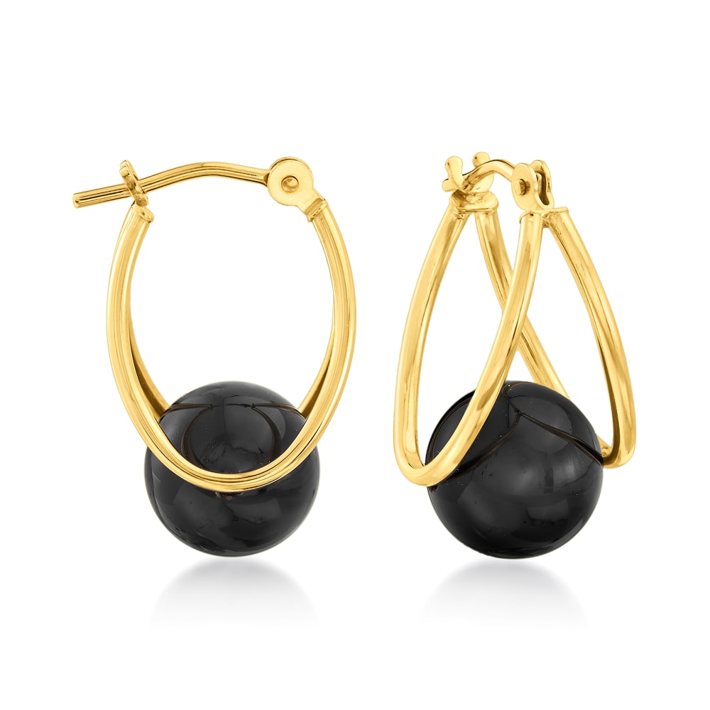 Black Onyx Double-Hoop Earrings in 14kt Yellow Gold. 3/4