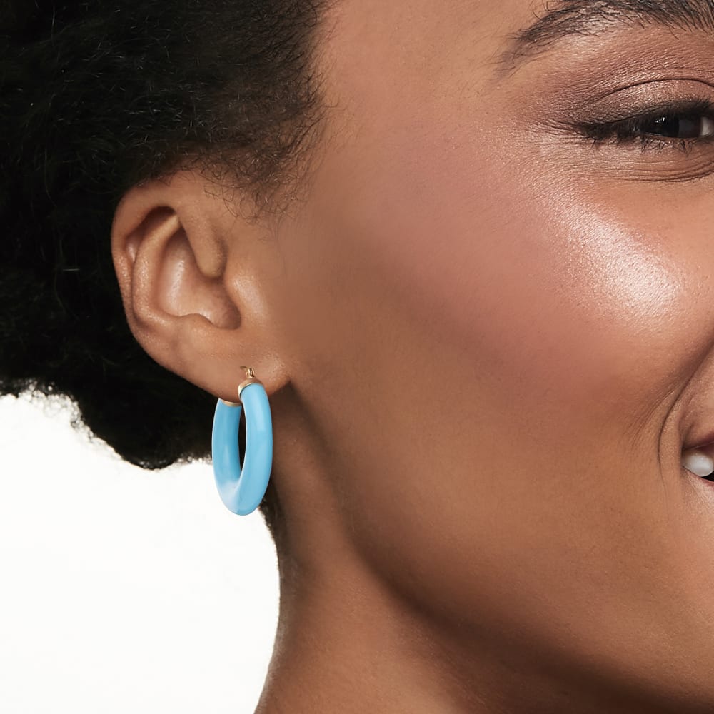 Simulated Turquoise Hoop Earrings in 14kt Yellow Gold | Ross-Simons
