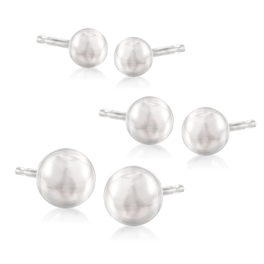 4 6mm 14kt White Gold Ball Stud Jewelry Set Three Pairs of