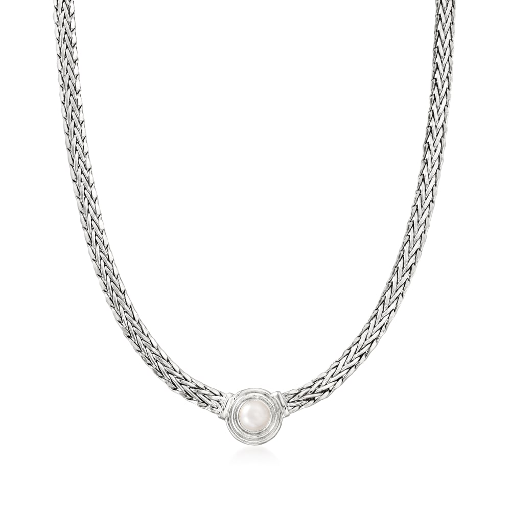 8mm Cultured Pearl Flat Wheat-Chain Necklace in Sterling Silver | Ross- Simons