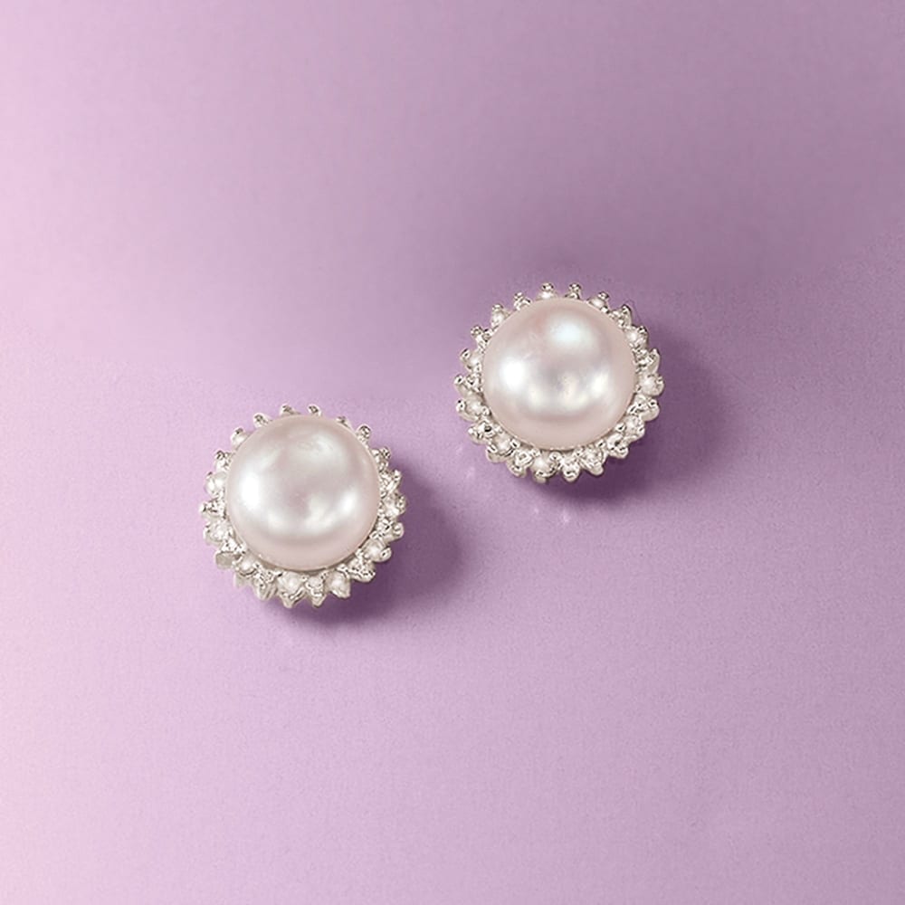 Ross-Simons - 7-7.5mm Cultured Button Pearl, .13 CTW Diamond Stud Earrings