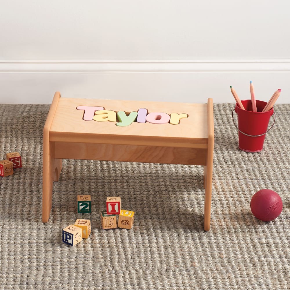 Child s Personalized Name Maple Finished Puzzle Stool Pastel