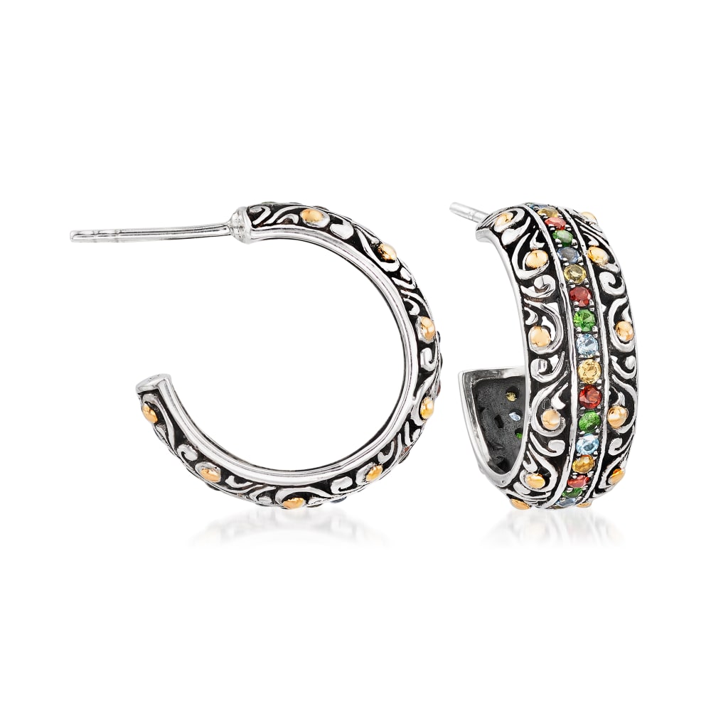 .80 ct. t.w. Multi-Gemstone Balinese C-Hoop Earrings in Sterling