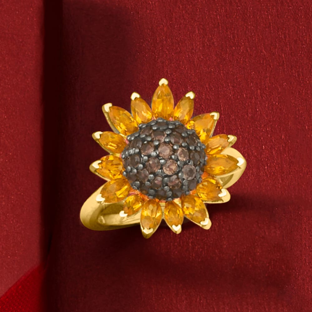 1.70 ct. t.w. Citrine and .80 ct. t.w. Smoky Quartz Sunflower Ring