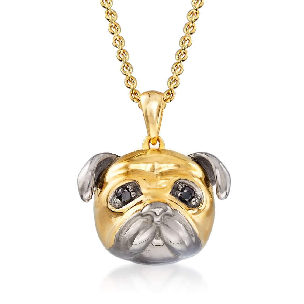 18kt Gold Over Sterling Pug Pendant Necklace with Black Spinel