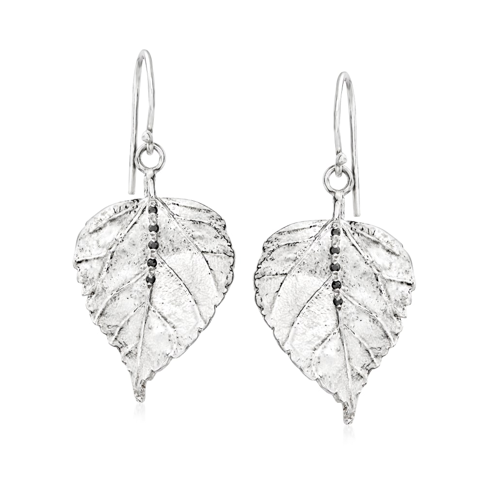 Sterling Silver Leaf Drop Earrings with Black Diamond Accents