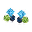 Italian Blue and Green Crystal Cluster Earrings in Sterling Silver