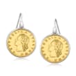 Italian Genuine 20-Lira Coin Drop Earrings in Sterling Silver