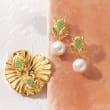 Italian Cultured Pearl and .45 ct. t.w. Green CZ Frog Earrings in 18kt Gold Over Sterling