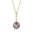 9.5mm Black Cultured Tahitian Pearl Pendant Necklace with Diamond Accents in 14kt Yellow Gold