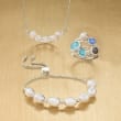 Blue Multi-Stone and 6mm Black and White Cultured Pearl Jewelry Set: Five Rings in Sterling Silver