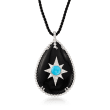 Black Onyx, Turquoise and White Topaz Star Necklace in Sterling Silver with a Black Silk Cord