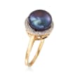 9.5-10mm Black Cultured Button Pearl and .10 ct. t.w. White Topaz Ring in 14kt Yellow Gold