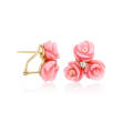 Pink Carved Coral and .20 ct. t.w. White Topaz Floral Earrings in 14kt Gold Over Sterling