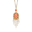 C. 1930 Vintage Pink Coral Bead and Cameo Necklace With Cultured Seed Pearls in 14kt Yellow Gold