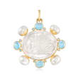 Mazza Mother-Of-Pearl Doublet and 15.00 ct. t.w. Blue Topaz with 12mm Cultured Pearl Pendant in 14kt Yellow Gold