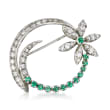 C. 1970 Vintage 1.20 ct. t.w. Diamond and .50 ct. t.w. Emerald Flower Circle Pin in 14kt White Gold