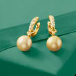12-13mm Golden Cultured South Sea Pearl and .53 ct. t.w. Diamond Hoop Drop Earrings in 18kt Yellow Gold