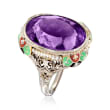 C. 1950 Vintage 14.50 Carat Amethyst and Seed Pearl Ring with Multicolored Enamel in 14kt White Gold