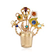 C. 1950 Vintage Multi-Gem Flower Basket Pin in 14kt Yellow Gold