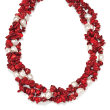 4-9mm Red Coral Bead and 7-8mm Cultured Pearl Three-Strand Necklace with Sterling Silver