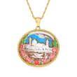 Italian Brown Shell Cameo San Marco Square Pendant Necklace with Multicolored Enamel in 18kt Gold Over Sterling