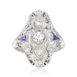 C. 1950 Vintage .50 ct. t.w. Diamond Filigree Ring with .12 ct. t.w. Synthetic Sapphires in 18kt White Gold