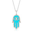 Blue Enamel and .95 ct. t.w. White Zircon Hamsa Hand Pendant Necklace in Sterling Silver